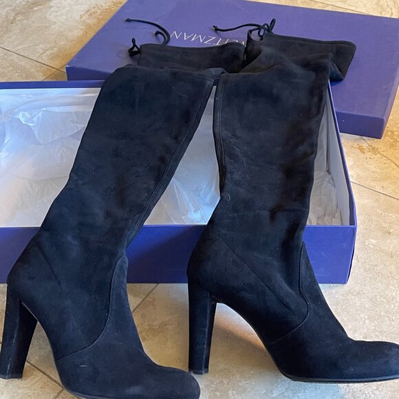 STUART WEITZMAN Over The Knee OTK Highland Black Suede Leather Heeled Boots 8.5 - Picture 1 of 7
